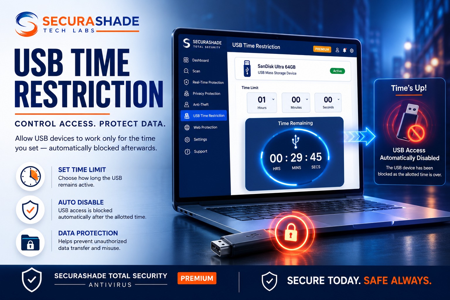 SecuraShade Total Security Premium — USB Time Restriction, access disabled